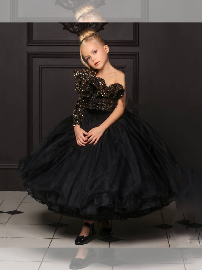 Elegant Black Prom Flower Girl Dresses 2022 Ball Gown V-Neck Short Sleeve  Beading Sequins Floor-Length / Long Flower Girl Dresses